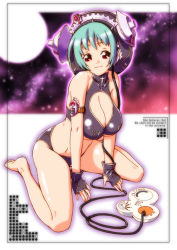 Rule 34 | 1girl, aida kan mori, all fours, bare shoulders, barefoot, breasts, cable, cleavage, cross, fingerless gloves, full body, gloves, large breasts, moon, night, original, panties, red eyes, short hair, sitting, solo, underwear