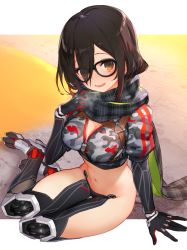 Rule 34 | 1girl, black-framed eyewear, black gloves, black jacket, black scarf, blush, breasts, brown hair, camouflage, camouflage jacket, cleavage, commentary, cropped jacket, enpera, full body, glasses, gloves, hair between eyes, hololive, izumi sai, jacket, joints, large breasts, long hair, long scarf, looking at viewer, mechanical arms, mechanical legs, navel, on ground, open mouth, roboco-san, roboco-san (1st costume), robot joints, scarf, short hair, short sleeves, sitting, smile, solo, thighs, virtual youtuber, yellow eyes, yokozuwari, zipper, zipper pull tab