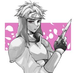 Rule 34 | 1girl, circlet, cleo (suikoden), closed mouth, fingerless gloves, gensou suikoden, gensou suikoden i, gloves, greyscale, headband, holding, holding weapon, knife, looking at viewer, menosgland, monochrome, short hair, shoulder pads, solo, very short hair, weapon, white background