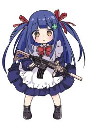 Rule 34 | 1girl, :o, assault rifle, blue hair, bow, bowtie, brown eyes, cho980621, clover hair ornament, date a live, dress, genderswap, genderswap (mtf), gun, h&amp;k hk416, hair ornament, itsuka shidou, itsuka shiori, long hair, maid, open mouth, red bow, red bowtie, red ribbon, ribbon, rifle, solo, weapon
