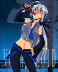 Rule 34 | 1girl, abe takakazu, alcohol, blush, bottle, bow, breasts, cameo, cleavage, detached sleeves, headphones, large breasts, long hair, lowres, midriff, necktie, red eyes, silver hair, solo, very long hair, vocaloid, yaranaika, yowane haku