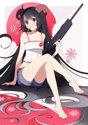 Rule 34 | &gt;:t, 1girl, :t, ahoge, artist name, barefoot, black hair, blush, bright pupils, camisole, closed mouth, collarbone, crossed legs, english text, feet, full body, gun, head tilt, holding, holding gun, holding weapon, horns, izumi k rukawa, legs, long hair, looking at viewer, midriff, original, red eyes, rifle, scope, shorts, sitting, solo, sparkle, toes, v-shaped eyebrows, very long hair, watermark, weapon, weapon request, web address