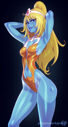 1girl alien artist_name black_background blonde_hair blue_eyes blue_skin breasts clothing_cutout colored_skin commentary earrings english_commentary heart_cutout interstella_5555 jewelry kajin_(kajinman) long_hair navel ponytail solo stella_(interstella_5555)