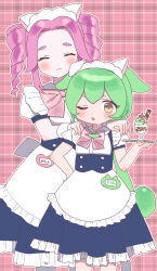 Rule 34 | 2girls, :3, animal ear hairband, animal ears, apron, back bow, blue dress, blush, bow, bowtie, breasts, cat day, cat ear hairband, cat ears, character name, closed eyes, closed mouth, dot nose, double-parted bangs, dress, drill hair, fake animal ears, feet out of frame, food, green hair, hairband, hand on another&#039;s shoulder, hand on own hip, height difference, highres, holding, holding tray, howahowa kanmiryou, ice cream, long hair, looking at viewer, low ponytail, maid, maid headdress, medium breasts, multiple girls, name tag, one eye closed, open mouth, parted bangs, pink bow, pink bowtie, pink hair, plaid, plaid background, puffy short sleeves, puffy sleeves, shikoku metan, shirt, short sleeves, sidelocks, small breasts, smile, socks, standing, sundae, sweatdrop, thick eyebrows, translated, tray, twin drills, voiceroid, voicevox, white apron, white shirt, white socks, white wristband, yellow eyes, zundamon