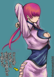 Rule 34 | 1girl, arrow (symbol), breasts, cleavage, cleavage cutout, clothing cutout, cropped jacket, female focus, hair over eyes, highres, large breasts, leotard, long hair, mimiyama kiichi, miniskirt, red hair, shermie (kof), simple background, skindentation, skirt, solo, split ponytail, the king of fighters, translation request