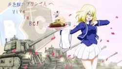 Rule 34 | 1girl, :d, absurdres, arl-44, bc freedom (emblem), bc freedom military uniform, blouse, blue jacket, blue vest, cake, collaboration, commentary, commission, cowboy shot, dress shirt, emblem, food, french text, girls und panzer, hair between eyes, hand on own chest, high collar, highres, holding, holding food, jacket, key (gaigaigai123), long sleeves, looking to the side, marie (girls und panzer), military, military vehicle, mini flag, miniskirt, motor vehicle, nspa (spa-jcs), open mouth, oshida (girls und panzer), pleated skirt, shirt, skirt, smile, solo, tank, towel, translated, vest, white shirt, white skirt