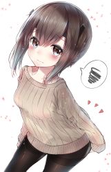 Rule 34 | 10s, 1girl, blush, breasts, brown eyes, brown hair, check commentary, commentary request, eyebrows, eyes visible through hair, hair between eyes, headgear, kantai collection, looking at viewer, matching hair/eyes, neku (neku draw), pantyhose, ribbed sweater, short hair, simple background, sleeves past wrists, solo, spoken squiggle, squiggle, sweater, taihou (kancolle), thighband pantyhose, white background