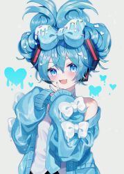 Rule 34 | 1girl, :3, :d, blue bow, blue cardigan, blue eyes, blue hair, blue necktie, bow, cardigan, cinnamiku, commentary request, fuinagi (huyuu mm), grey background, hair bow, hair ornament, hatsune miku, heart, highres, long sleeves, looking at viewer, necktie, off shoulder, open cardigan, open clothes, open mouth, sanrio, shirt, single bare shoulder, sleeveless, sleeveless shirt, sleeves past wrists, smile, solo, updo, upper body, v, vocaloid, white bow, white shirt
