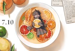 Rule 34 | 1boy, absurdres, ahoge, black coat, black footwear, black hair, closed eyes, coat, commentary, dated, fatalbug896, food, food focus, from above, fruit, full body, german text, high collar, highres, holding, holding food, holding fruit, in food, leaf, lemon, lemon slice, letter, lime (fruit), lime slice, long sleeves, male focus, mini person, miniboy, open mouth, orange (fruit), orange slice, original, plate, shoes, sleeves past fingers, sleeves past wrists, smile, solo, turtleneck, white background