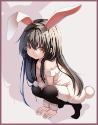Rule 34 | 1girl, animal ears, arm support, bare shoulders, between legs, black hair, black thighhighs, border, brown border, brown eyes, closed mouth, commentary request, creek (moon-sky), full body, fur trim, hair between eyes, hairband, hand between legs, highres, long hair, looking at viewer, off shoulder, onesie, original, pom pom (clothes), rabbit ears, rabbit tail, smile, solo, squatting, tail, thighhighs, tiptoes, very long hair, white hairband