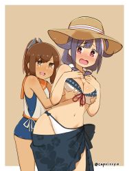 Rule 34 | 10s, 2girls, bikini, bikini under clothes, blush, grabbing another&#039;s breast, brown eyes, brown hair, capriccyo, front-tie top, grabbing, grabbing from behind, hair flaps, hair ornament, hairclip, highres, i-401 (kancolle), kantai collection, low twintails, multiple girls, one-piece swimsuit, open mouth, ponytail, purple hair, red eyes, sailor collar, sarong, school swimsuit, short ponytail, swimsuit, swimsuit under clothes, taigei (kancolle), tan, tanline, twintails, twitter username