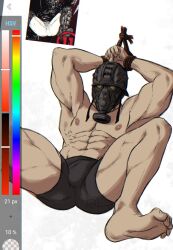 Rule 34 | 1boy, abs, armpits, arms up, bara, black male underwear, bound, bound wrists, boxers, bulge, character request, dorohedoro, gas mask, highres, large pectorals, male focus, male underwear, mask, muscular, muscular male, navel, nipples, pectorals, reference inset, rope, smokerichi, solo, spread legs, stomach, thick thighs, thighs, topless male, underwear, underwear only, unfinished