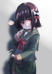Rule 34 | 1girl, absurdres, black hair, commentary request, cowboy shot, dated, fyuo, green jacket, green sailor collar, green skirt, hair ribbon, highres, ishigaki (kancolle), jacket, kantai collection, lifted by self, long sleeves, looking at viewer, neck ribbon, one-hour drawing challenge, pleated skirt, purple eyes, red ribbon, ribbon, sailor collar, school uniform, serafuku, shadow, short hair, signature, skirt, solo, white ribbon