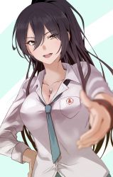 Rule 34 | 1girl, black hair, breasts, cleavage, commentary, dog tags, eyes visible through hair, hair between eyes, idolmaster, idolmaster shiny colors, large breasts, long hair, looking at viewer, necktie, open mouth, ponytail, school emblem, school uniform, shirase sakuya, shirt, solo, white shirt, yellow eyes, youhei (testament)