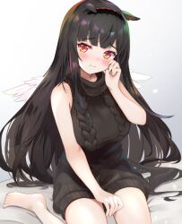 Rule 34 | 1girl, animal ears, artist request, black hair, blush, character request, furrowed brow, grey sweater, hand on own cheek, hand on own face, head tilt, horse ears, long hair, looking at viewer, on bed, production kawaii, seiza, shy, sitting, smile, straight hair, sweater, very long hair, virtual youtuber, wings