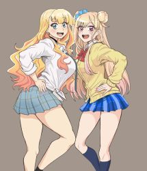 Rule 34 | 2girls, :d, alternate hairstyle, black socks, blonde hair, blue eyes, blue necktie, blue skirt, blue socks, bow, breasts, brown background, cardigan, contrapposto, cosplay, costume switch, earrings, galko, hairstyle switch, hand on own hip, highres, jewelry, kitagawa marin, large breasts, long hair, looking at viewer, multiple girls, nail polish, necktie, open mouth, oshiete! galko-chan, pink nails, pleated skirt, red bow, red eyes, shirt, simple background, skirt, smile, socks, sono bisque doll wa koi wo suru, stud earrings, thighs, tied shirt, trait connection, white shirt, yellow cardigan, yui (jisatsu)