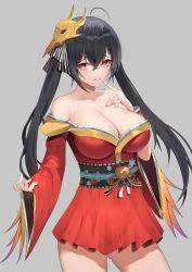 Rule 34 | 1girl, ahoge, azur lane, black hair, breasts, cleavage, cowboy shot, finger to mouth, grey background, hair between eyes, japanese clothes, kimono, kimono pull, large breasts, long hair, long sleeves, looking at viewer, mask, mask on head, obi, off shoulder, parted lips, pleated kimono, red eyes, red kimono, sash, simple background, smile, solo, taihou (azur lane), twintails, very long hair, wide sleeves, yomi1221