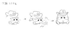 Rule 34 | arrow (symbol), carrot, cowboy hat, eating, greyscale, hat, japanese text, molcar, monochrome, motion lines, multiple views, no humans, o o, pui pui molcar, simple background, sketch, solo focus, star (symbol), suzumushi (tanpopo cha), translation request, treasure molcar, white background