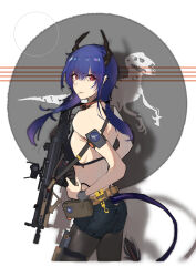 Rule 34 | 1girl, absurdres, arknights, ass, bare back, bare shoulders, bikini, bikini top only, black pantyhose, black shorts, blue hair, breasts, ch&#039;en (arknights), commentary request, cowboy shot, dragon tail, drop shadow, gun, highres, holding, holding gun, holding weapon, horns, long hair, looking at viewer, michaeliadalto9, pantyhose, pantyhose under shorts, red eyes, short shorts, shorts, small breasts, solo, standing, swimsuit, tail, weapon