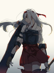 Rule 34 | 10s, 1girl, backlighting, bad id, bad pixiv id, bow (weapon), cowboy shot, gloves, gradient background, hairband, headband, highres, japanese clothes, kantai collection, long hair, looking to the side, midoriimo (9ne8n), muneate, shoukaku (kancolle), silver hair, solo, weapon, wind
