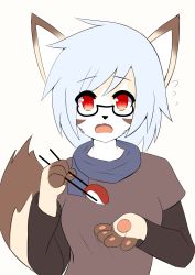 Rule 34 | 1girl, absurdres, artist request, blue hair, brown eyes, chopstick, fox, furry, furry female, glasses, highres, open mouth, short hair, solo