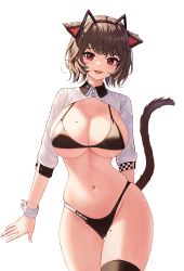 Rule 34 | 1girl, animal ears, atago (azur lane), atago (azur lane) (cosplay), atago (stunning speedster) (azur lane), azur lane, bikini, black bikini, black thighhighs, blush, breasts, brown eyes, brown hair, cat ears, cat tail, cosplay, hairband, highleg, highleg bikini, highres, large breasts, looking at viewer, mole, mole on breast, mole on thigh, mole under eye, moth1, navel, open mouth, original, prunechi, race queen, short hair, shrug (clothing), simple background, smile, solo, swimsuit, tail, thighhighs, two-tone bikini, white background, wrist cuffs