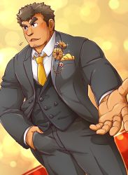 Rule 34 | 1boy, absurdres, alternate costume, bara, barry go, blush, body hair, brown hair, chest hair, cowboy shot, facial hair, flustered, formal, goatee, hand in pocket, highres, long sideburns, male focus, manly, necktie, pants, pov, sideburns, solo, sparkle, stubble, suit, takabushi kengo, thick eyebrows, tokyo houkago summoners, upper body