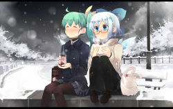 Rule 34 | 2girls, ^ ^, ahoge, alternate costume, bag, bespectacled, black legwear, blue eyes, blue hair, character doll, cirno, cold, contemporary, cup, daiyousei, closed eyes, glasses, green hair, holding, hood, hoodie, ice, ice wings, knees together feet apart, legs folded, letterboxed, lily white, loafers, multiple girls, pantyhose, pigeon-toed, school uniform, shin (new), shoes, short hair, side ponytail, sitting, skirt, snowing, steam, touhou, wings