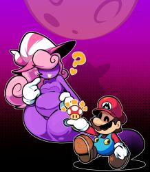 Rule 34 | 2boys, ?, black eyes, blush, breasts, chibi, colored skin, covered eyes, full body, gloves, hat, mario (series), medium breasts, moon, multiple boys, nintendo, one eye closed, overalls, paper mario, paper mario: the thousand year door, pink hair, pink moon, pointing, pointing at self, purple background, purple skin, smile, super mushroom, vivian (paper mario)