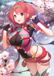 Rule 34 | 1girl, :d, absurdres, black gloves, blush, breasts, chest jewel, commentary request, earrings, fingerless gloves, gem, gloves, green322, headpiece, highres, jewelry, large breasts, looking at viewer, open mouth, pyra (xenoblade), red eyes, red hair, red shorts, red thighhighs, short hair, short shorts, shorts, smile, solo, swept bangs, thighhighs, tiara, xenoblade chronicles (series), xenoblade chronicles 2