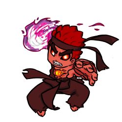 Rule 34 | 1boy, angry, barefoot, black sclera, capcom, chibi, colored sclera, dark skin, dougi, evil, evil ryu, eyebrows, fingerless gloves, fire, foreshortening, gammanaut, gloves, headband, hole in chest, hole on body, male focus, red eyes, red hair, ryu (street fighter), solo, street fighter, street fighter iv (series), teeth, thick eyebrows, white background