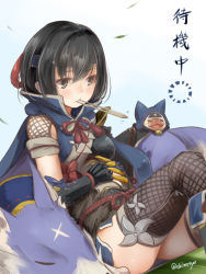 Rule 34 | 1girl, akino shuu, black gloves, black hair, blue headband, blush, breasts, brown thighhighs, canyne, character request, closed mouth, commentary request, elbow gloves, feet out of frame, fishnet thighhighs, fishnets, gloves, grey eyes, hair between eyes, headband, knee up, looking away, medium breasts, monster hunter (series), monster hunter rise, mouth hold, thighhighs, translation request, twitter username