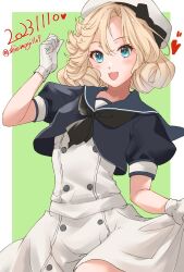 Rule 34 | 1girl, black neckerchief, blonde hair, blue eyes, blue sailor collar, blush, dated, dress, gloves, hat, highres, janus (kancolle), kantai collection, looking at viewer, neckerchief, open mouth, sailor collar, sailor dress, sailor hat, shiomugi (shio mugi1107), short hair, short sleeves, smile, solo, white dress, white gloves, white hat