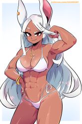 Rule 34 | 1girl, abs, absurdres, animal ears, arm up, armpits, bare shoulders, bikini, blush, boku no hero academia, border, bracelet, breasts, cleavage, collarbone, contrapposto, crescent, crescent necklace, dark-skinned female, dark skin, dashi (dashiart), ear piercing, hand in own hair, hand on own hip, highres, jewelry, large breasts, long eyelashes, long hair, looking at viewer, mirko, mole, mole on arm, mole on breast, mole on collarbone, mole on stomach, mole on thigh, multiple moles, muscular, muscular female, navel, necklace, parted bangs, patreon username, piercing, rabbit ears, rabbit girl, raised eyebrow, red eyes, side-tie bikini bottom, smile, stomach, swimsuit, thighs, very long hair, white bikini, white border, white hair