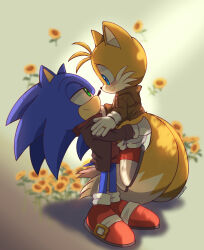 Rule 34 | 2boys, absurdres, animal ears, animal nose, artist name, blue eyes, blue fur, flower, gloves, green eyes, highres, jewelry, lifting person, looking at another, male focus, mintokitsune, multiple boys, orange fur, red footwear, ring, scarf, simple background, smile, sonic (series), sonic the hedgehog, sunflower, sweater, tails (sonic), white gloves