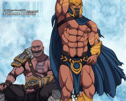 Rule 34 | 2boys, abs, arm behind head, armor, armpits, bald, bara, bare pectorals, blue cape, bodypaint, braum (league of legends), bulge, cape, chest harness, dark-skinned male, dark skin, facial hair, feet out of frame, harness, helmet, highres, large pectorals, league of legends, leather, looking at another, male focus, mature male, multiple boys, muscular, muscular male, mustache, navel, nipples, pantheon (league of legends), pauldrons, pectorals, pelvic curtain, ryans, short hair, shoulder armor, single pauldron, stomach, thick eyebrows, thick thighs, thighs, yaoi