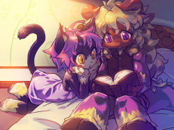 Rule 34 | 1girl, animal ears, animal nose, bed, black fur, blush, body fur, book, cat ears, cat girl, cat tail, character request, commentary request, furry, furry female, highres, holding, holding book, horns, mao (mizuki kotora), mizuki kotora, on bed, open mouth, original, parted lips, pawpads, purple eyes, purple hair, reading, slit pupils, tail, two-tone fur, white fur, yellow eyes