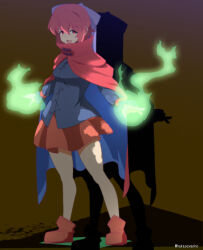 Rule 34 | 1girl, :d, black shirt, bow, brown background, cloak, commentary request, fire, full body, green fire, hair bow, highres, kaisendonburi, long sleeves, looking at viewer, open mouth, purple bow, pyrokinesis, red eyes, red footwear, red hair, red skirt, sekibanki, shadow, shirt, short hair, simple background, skirt, smile, solo, standing, touhou, twitter username