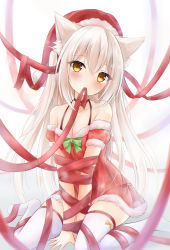 Rule 34 | 1girl, animal ear fluff, animal ears, arms between legs, bad id, bad pixiv id, black choker, blush, bound, bound arms, bow, bow legwear, cat ears, cat girl, choker, christmas, commentary, dress, dress bow, green bow, hair between eyes, halterneck, hat, highres, kata rosu, long hair, looking at viewer, mouth hold, no shoes, off-shoulder dress, off shoulder, original, panties, red dress, red ribbon, ribbon, ribbon in mouth, santa costume, santa dress, santa hat, see-through, see-through dress, short dress, side-tie panties, simple background, sitting, solo, string panties, thighhighs, underwear, wariza, white hair, white thighhighs, yellow bow, yellow eyes, zettai ryouiki