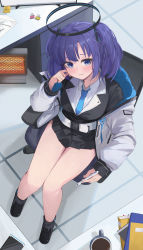 Rule 34 | 1girl, 26th, absurdres, binder clip, black footwear, black jacket, black socks, blue archive, blue eyes, blue hair, blue necktie, blush, chair, coffee, coffee mug, collared shirt, commentary request, cup, from above, halo, head tilt, heater, highres, holding, holding pen, indoors, jacket, korean commentary, legs, looking at viewer, mechanical halo, medium hair, miniskirt, mug, necktie, office, office chair, pen, pleated skirt, shirt, sidelocks, sitting, skirt, socks, solo, space heater, sticky note, swivel chair, thighs, tile floor, tiles, two side up, white jacket, white shirt, yuuka (blue archive)