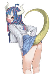 Rule 34 | 1girl, ahoge, alternate costume, ass, blue hair, blue skirt, blush, breasts, dinosaur tail, high-waist skirt, highres, horns, large breasts, leaning forward, lifted by tail, long sleeves, looking at viewer, looking back, mask, mouth mask, multicolored hair, no panties, one piece, pink eyes, pink hair, simple background, skirt, solo, streaked hair, tail, thighs, ulti (one piece), urasanmyaku, white background