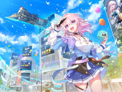 Rule 34 | 1girl, ad, animal, balloon, bird, black choker, blue skirt, blue sky, breasts, building, cafe, camera, choker, city, cloud, cloudy sky, commentary, day, dove, flying train, gloves, hair between eyes, highres, holding, holding camera, honkai: star rail, honkai (series), jacket, japan, large breasts, looking ahead, march 7th (honkai: star rail), medium hair, open mouth, outdoors, pink hair, redrop, road sign, shibuya (tokyo), sign, single bare leg, single glove, single thighhigh, skirt, sky, solo focus, standing, teeth, thigh strap, thighhighs, tied jacket, tokyo (city), train, tree, upper body, upper teeth only, white sleeves, white thighhighs