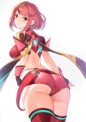 Rule 34 | 1girl, 2nske poke, ass, ass focus, blush, breasts, earrings, from behind, highres, huge ass, jewelry, large breasts, looking at viewer, looking back, pyra (xenoblade), red eyes, red hair, red shorts, short hair, short shorts, shorts, solo, swept bangs, thick thighs, thighs, tiara, xenoblade chronicles (series), xenoblade chronicles 2
