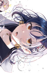 Rule 34 | 1girl, bad id, bad pixiv id, black choker, black nails, blue hair, blue sailor collar, choker, collarbone, commentary, crescent, crescent hair ornament, cross hair ornament, drop earrings, earrings, english commentary, hair between eyes, hair ornament, hand up, highres, jewelry, looking at viewer, mahiru yura, medium hair, nail polish, open mouth, original, portrait, sailor collar, simple background, solo, sweat, tearing up, tears, tongue, white background, yellow eyes