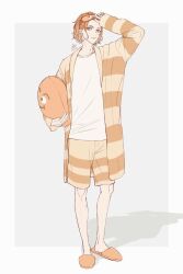 Rule 34 | 1boy, border, cater diamond, commentary request, dated, eye mask, full body, green eyes, grey background, hand up, highres, holding, holding pillow, light smile, long sleeves, looking at viewer, male focus, okurabaakaa, open clothes, open shirt, orange hair, orange shirt, orange shorts, pajamas, pillow, shadow, shirt, short hair, shorts, signature, simple background, slippers, striped clothes, striped shirt, striped shorts, twisted wonderland