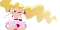 Rule 34 | 1girl, blonde hair, choker, closed mouth, crossed arms, cure peach, earrings, fresh precure!, fuchi (nightmare), hair ornament, heart, heart earrings, heart hair ornament, jewelry, long hair, magical girl, momozono love, pink choker, pink eyes, pink wrist cuffs, precure, simple background, solo, twintails, upper body, white background, wrist cuffs