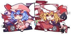 Rule 34 | 3girls, absurdres, apdownleftright, ascot, bat wings, black footwear, black skirt, black vest, blonde hair, blue hair, chibi, clock, clock tower, closed mouth, commentary, english commentary, fang, flandre scarlet, frilled shirt collar, frilled sleeves, frills, full body, hat, hat ribbon, head wings, highres, holding, holding polearm, holding weapon, koakuma, laevatein (touhou), long hair, looking at viewer, medium hair, mob cap, multicolored wings, multiple girls, necktie, no shoes, open mouth, pink hair, pink headwear, pink shirt, pink skirt, polearm, puffy short sleeves, puffy sleeves, red eyes, red necktie, red ribbon, red skirt, red vest, remilia scarlet, ribbon, ribbon-trimmed legwear, ribbon trim, sample watermark, shirt, short sleeves, siblings, side ponytail, sisters, skirt, skirt set, smile, socks, spear the gungnir, touhou, tower, triangle mouth, vest, watermark, weapon, white headwear, white shirt, white socks, wings, yellow ascot