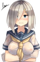 Rule 34 | 10s, 1girl, blush, breast hold, breasts, covered erect nipples, gloves, hair over one eye, hamakaze (kancolle), highres, jitome, kantai collection, medium breasts, nipples, plan (planhaplalan), school uniform, see-through, serafuku, shirt, short hair, short sleeves, signature, silver hair, simple background, solo, upper body, wet, wet clothes, wet shirt, white background, white gloves