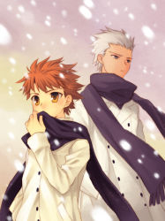 Rule 34 | 2boys, archer (fate), bad id, bad pixiv id, coat, covering face, covering own mouth, covering privates, dark-skinned male, dark skin, emiya shirou, fate/stay night, fate (series), grey eyes, kotarou (pixiv), male focus, multiple boys, scarf, scarf over mouth, snowing, white hair, winter clothes, yellow eyes