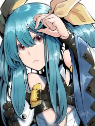 Rule 34 | 1girl, bare shoulders, belt, blue hair, breasts, choker, cleavage, dated, detached collar, detached sleeves, dizzy (guilty gear), guilty gear, guilty gear xrd, hair between eyes, hair ribbon, hair rings, highres, large breasts, long hair, looking at viewer, mariebell, mature female, open mouth, red eyes, ribbon, sidelocks, signature, solo, twintails, upper body, wide sleeves, yellow ribbon
